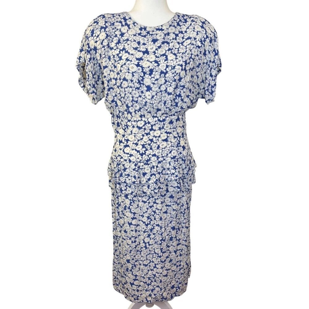 VINTAGE ❤️ Maggy London Blue & White Floral Rayon Dress - 12 - READ description